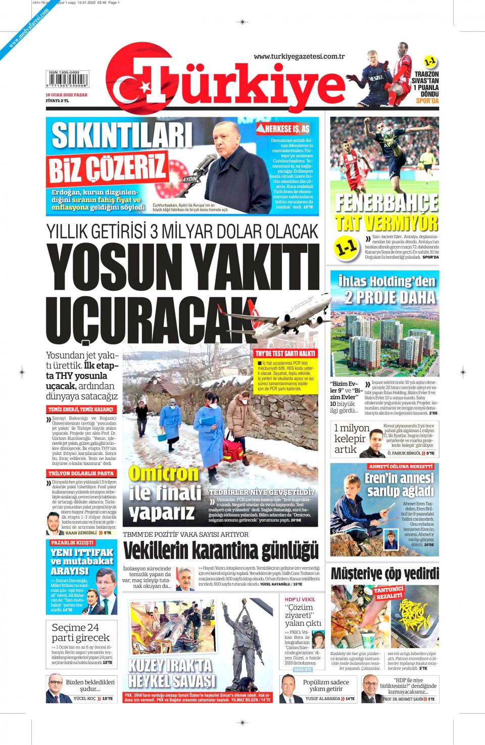 Türkiye Gazetesi Gazetesi 16 Ocak 2022 Pazar Medyafaresi